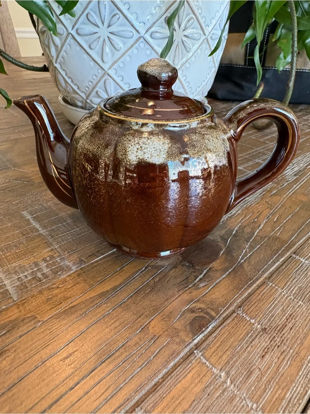 Brown Drip-Glazed Ceramic Teapot, approx 4”